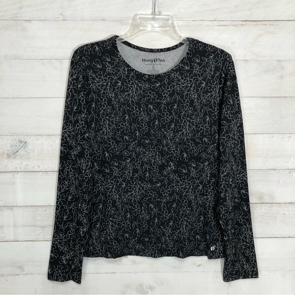 Hang Ten Wm's UV UPF Sun Protection Shirt • Sz L • Black Floral •NWT